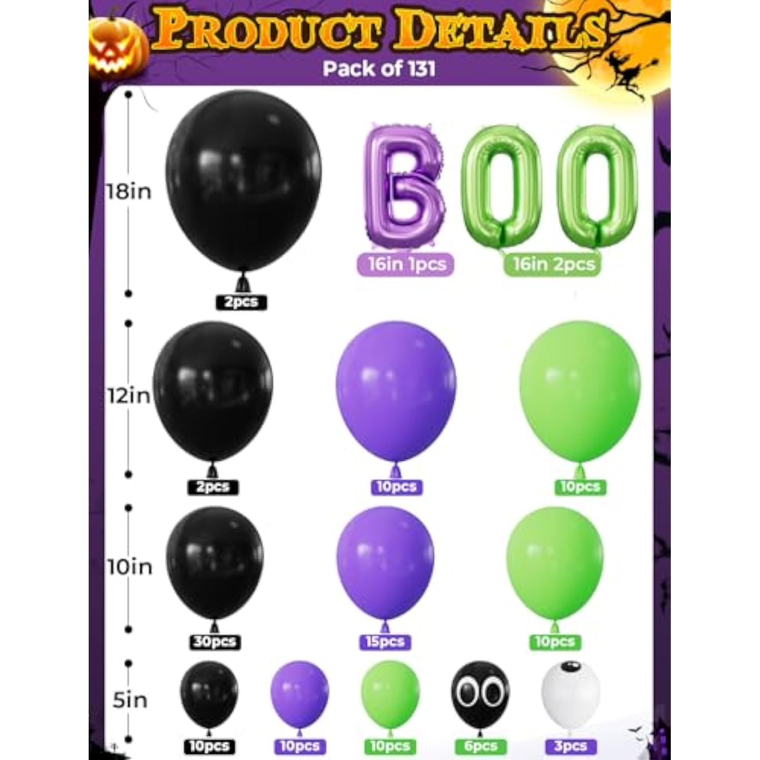 Halloween Balloon Arch Kit – Purple Green Black Balloons with Bat & Boo