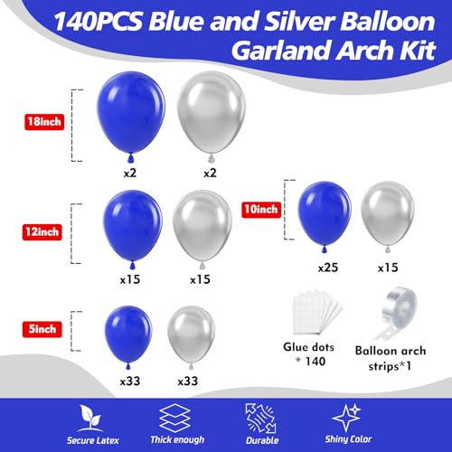 140Pcs Blue and Silver Balloon Garland Arch Kit - Royal Blue and Metallic Silver 18 12 10 5 Inch Different Size Balloons for Wedding Bachelor Birthday Baby Shower Graduation Party Decorations