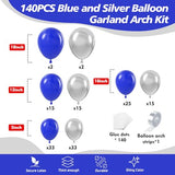 140Pcs Blue and Silver Balloon Garland Arch Kit - Royal Blue and Metallic Silver 18 12 10 5 Inch Different Size Balloons for Wedding Bachelor Birthday Baby Shower Graduation Party Decorations
