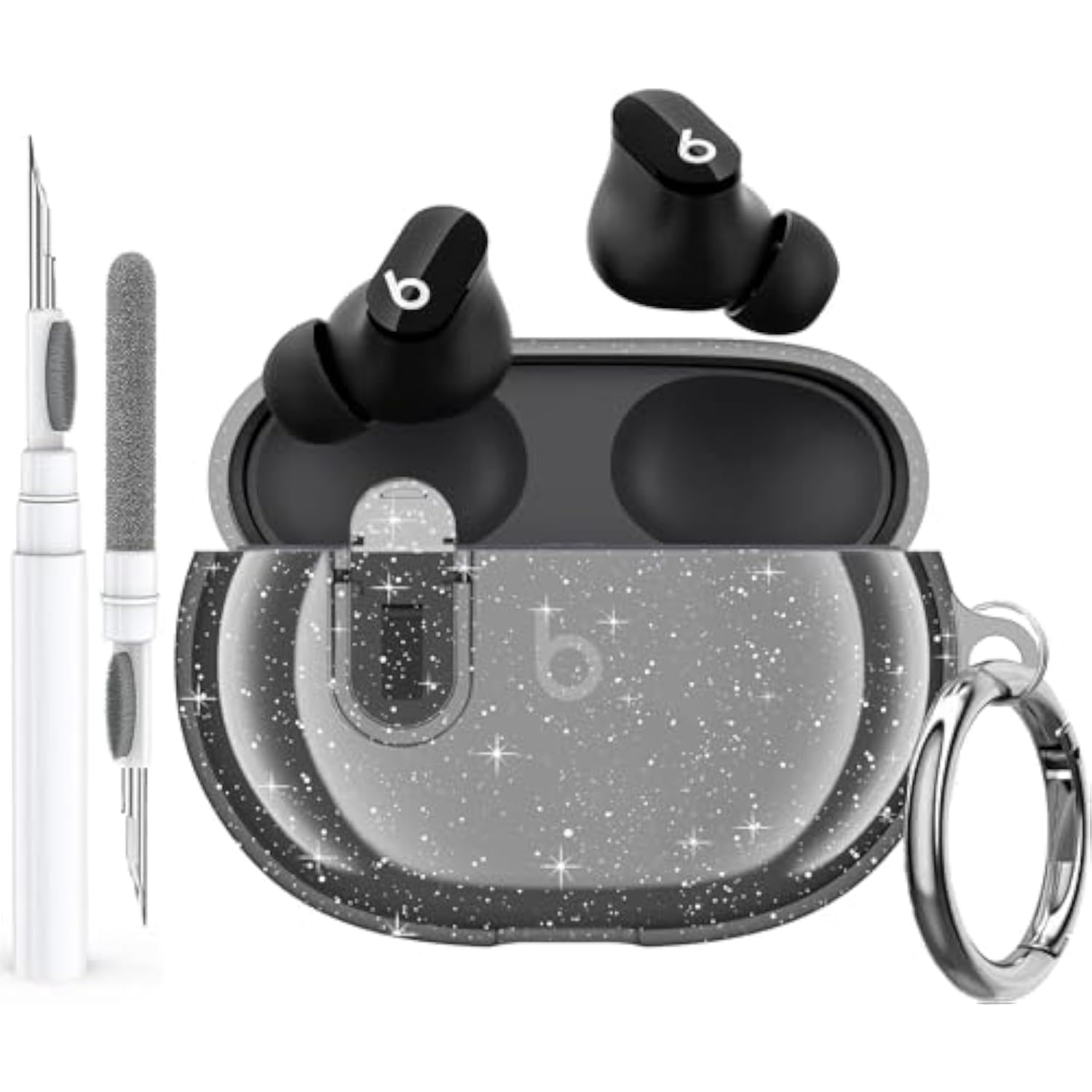 Beats Studio Buds/Buds Clear Case with Lock, Soft Bling Transparent TPU Protective Cover Skin with Cleaner Kit & Keychain for Beat Studio Buds/Buds Plus Earbuds - Glitter Black