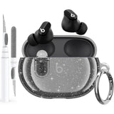 Beats Studio Buds/Buds Clear Case with Lock, Soft Bling Transparent TPU Protective Cover Skin with Cleaner Kit & Keychain for Beat Studio Buds/Buds Plus Earbuds - Glitter Black