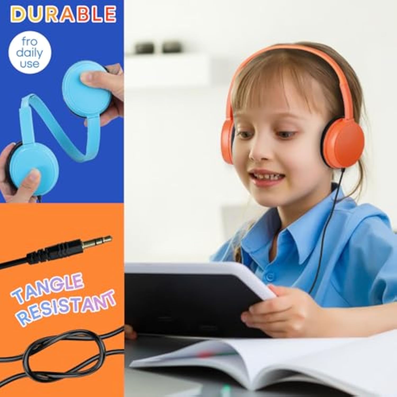 Classroom Headphones Bulk 10 Pack Mutli Colors For Kids Schools, Class Sets Headsets For Students (Durable,Leather Earcup, Noise Reducing, Comfortable, Easy-To-Clean)
