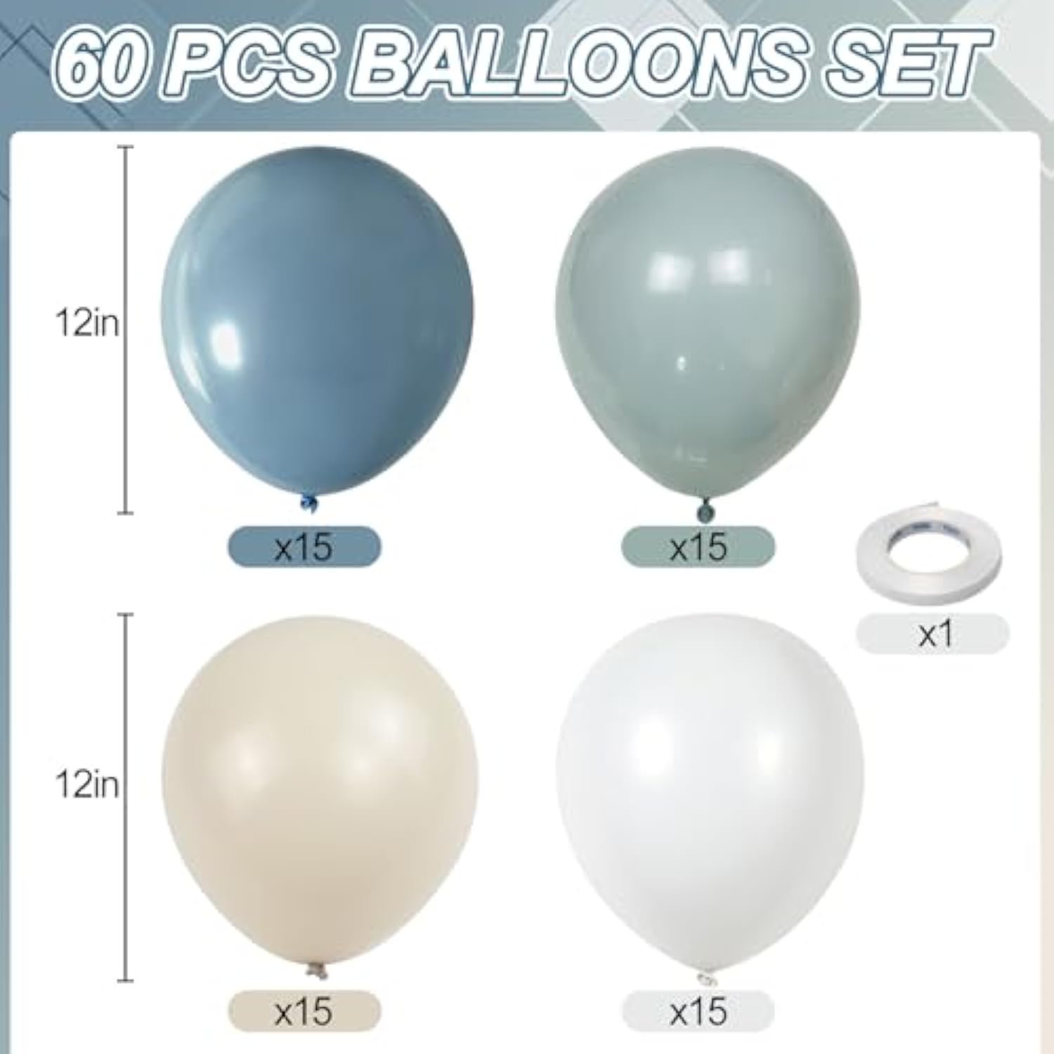 Dusty Blue, Slate & Sand White 12″ Balloons for Baby Shower & Party Décor