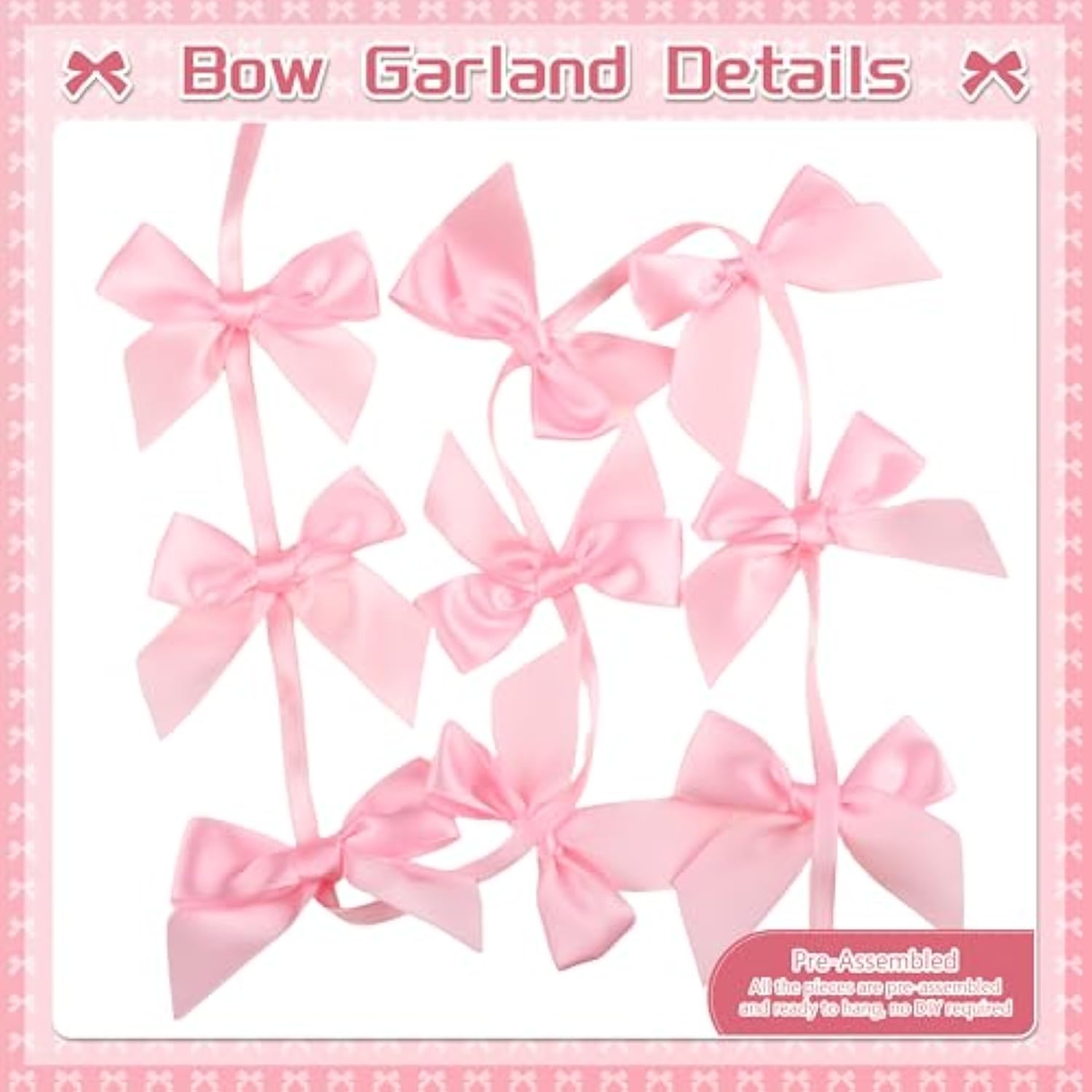 Pink Bow Garland, 8Pcs Satin Ribbon Bow Hanging Banners, Pink Bow Decor For Coquette Birthday Girls Bow Theme Birthday Party Baby Shower Bridal Shower Bachelorette Party Supplies