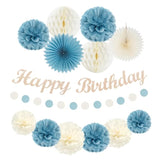 Dusty-Blue White Birthday Party-Decorations Paper-Flowers - 14Pcs Happy Banner Boy Lanterns Tissue Pom Poms,Men Streamers Garland Fans Honeycomb,Baby Teen Male Kids Hanging Supplies Decor