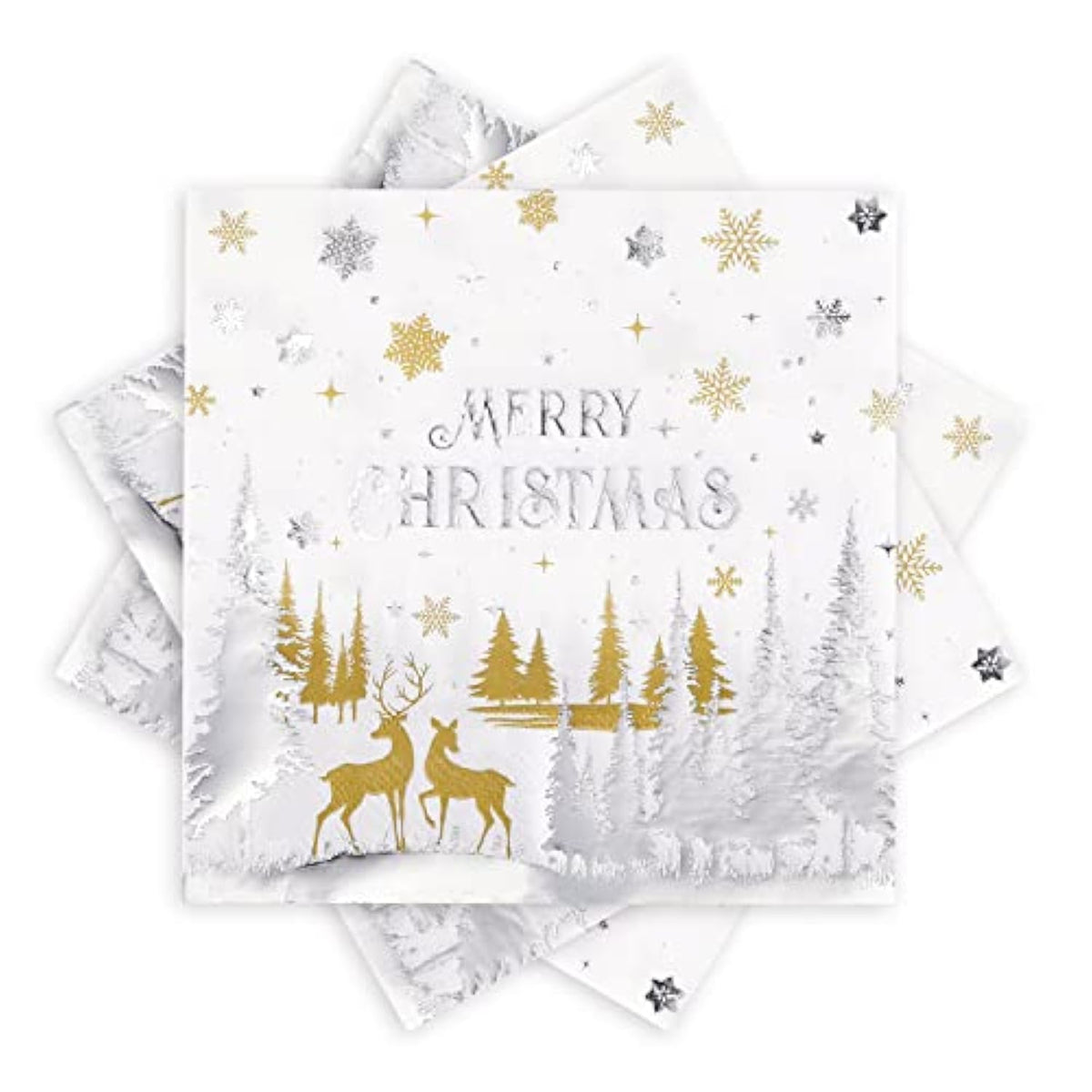 50 Pack Christmas Paper Napkins 6.5'' X 6.5'' Silver Foil Snowflake Disposable Napkins White Beverage Napkins Merry Christmas Elk For Winter Dinner Holiday Lunch Xmas New Year Party Supplies