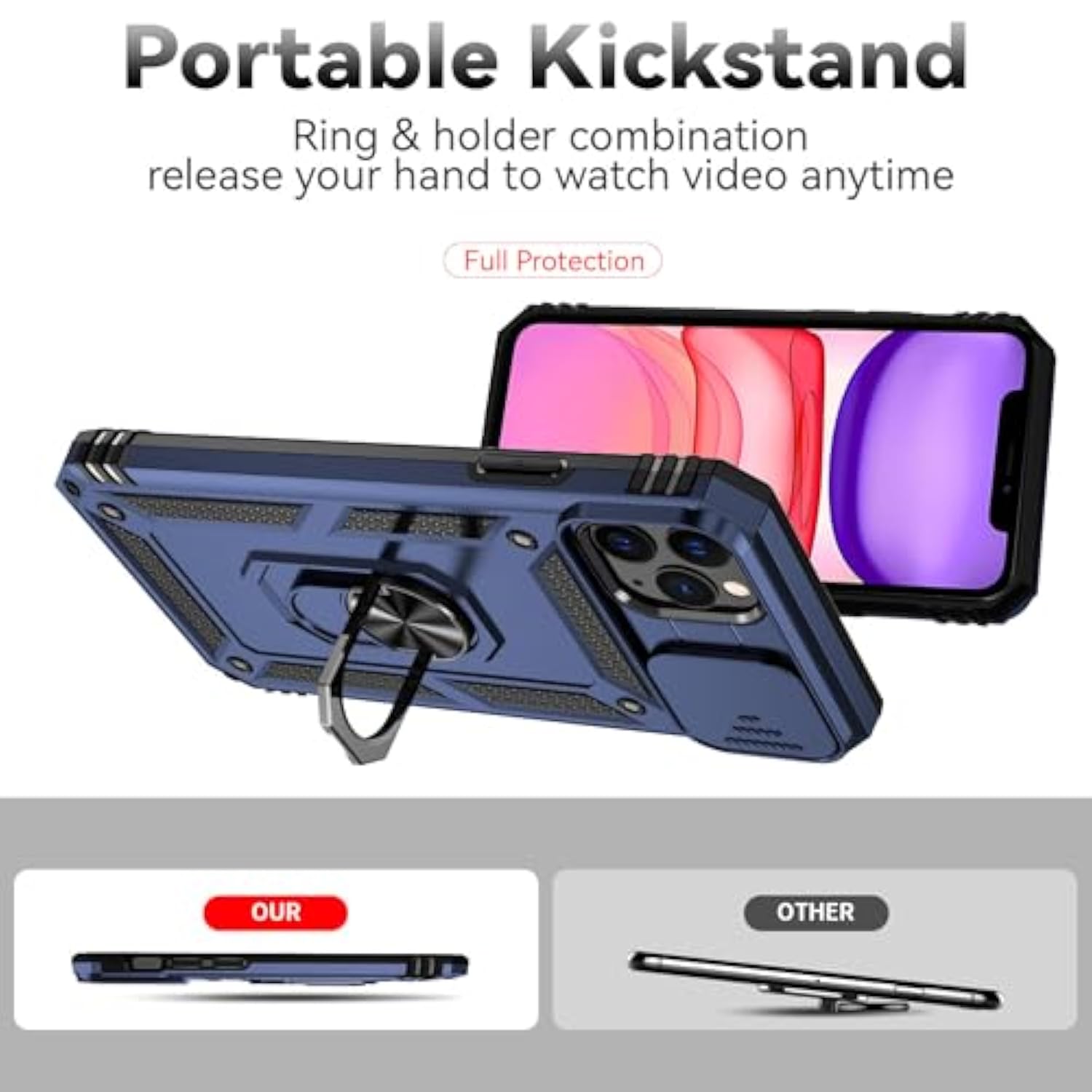 Compatible With Iphone 11 Pro Max Case With Hd Screen Protector & Slide Camera Cover & Rotated Ring Kickstand, [Military-Grade] Phone Case For Iphone 11 Pro Max (Blue)