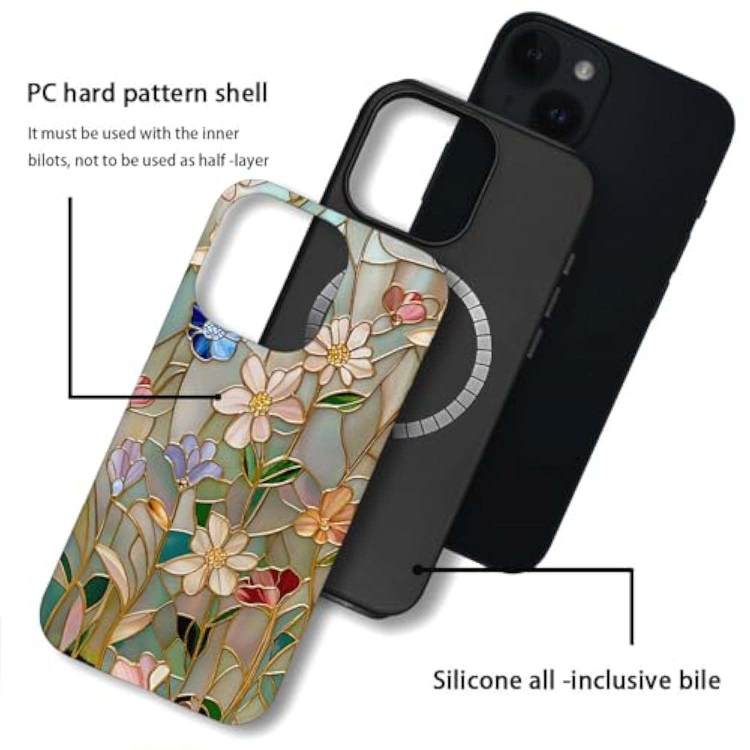 Case Compatible With Iphone 14,Compatible With Magsafe,Glossy Fall Prevention Hybrid 2-Layer Hard Shell Cases For Girls Boys,Stained Glass Bloom Flower