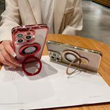 Magnetic Ring Stand Glitter Case For Iphone 15 Pro Max, (Compatible With Magsafe) Luxury Bling Diamond Rhinestones Cover With Camera Lens Protector For Women Girls,Pink