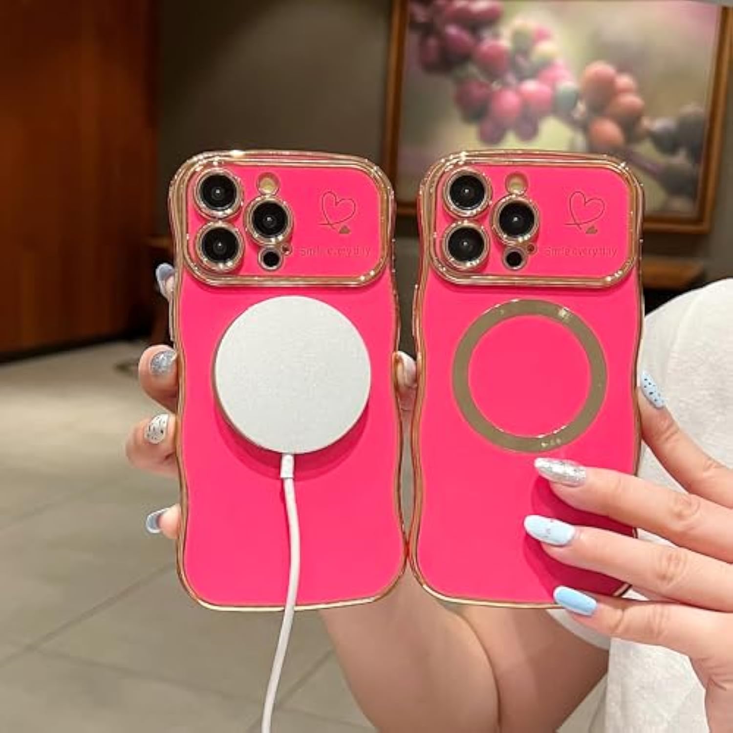 For Iphone 15 Pro Max Case Magnetic,For Women Girls Soft Cute Wave Frame Curly Shape Love Heart Luxury Plating Phone Case Compatible With Magsafe Shockproof Back Cover 6.7"-Hot Pink