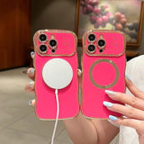 For Iphone 15 Pro Max Case Magnetic,For Women Girls Soft Cute Wave Frame Curly Shape Love Heart Luxury Plating Phone Case Compatible With Magsafe Shockproof Back Cover 6.7"-Hot Pink