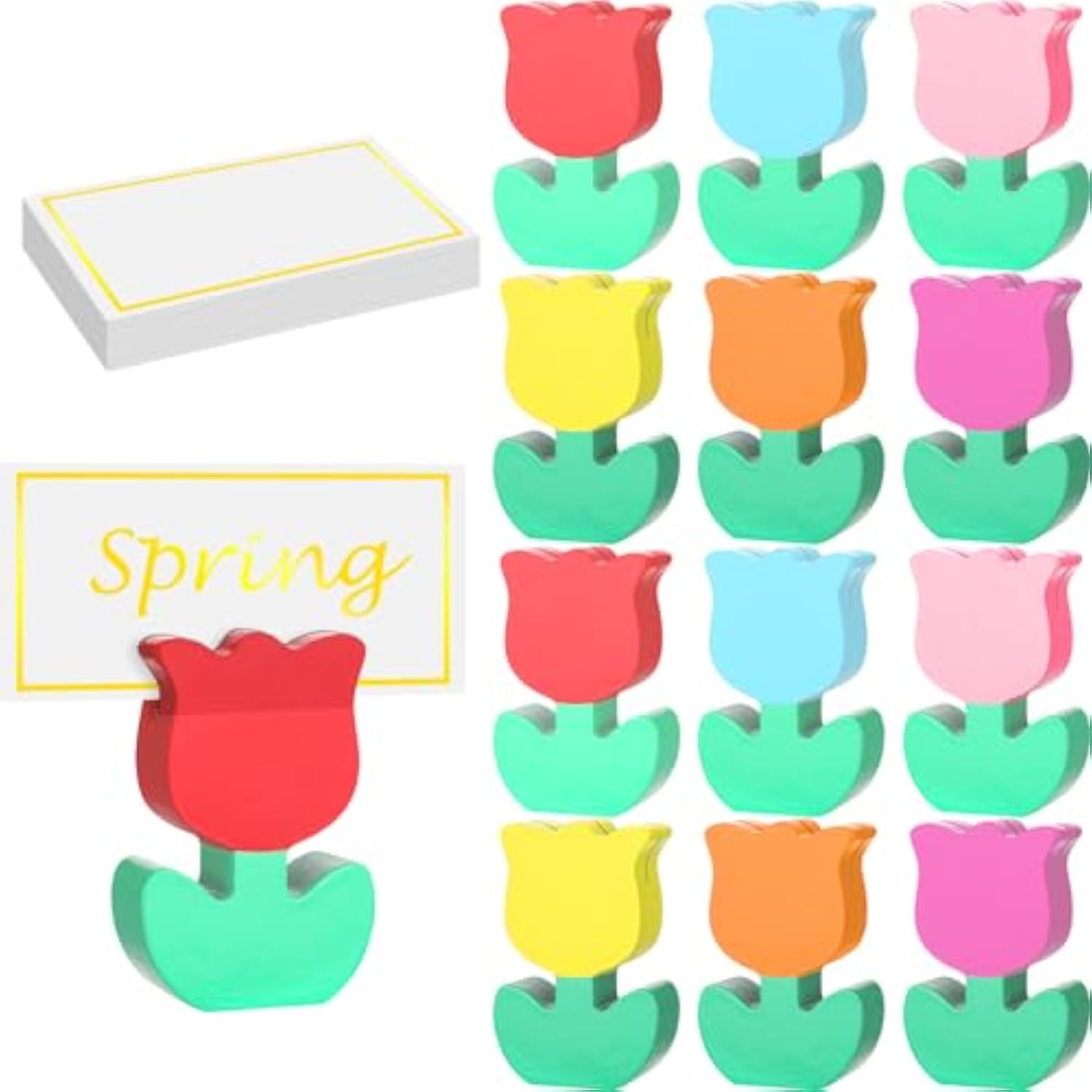 12 Sets Spring Wooden Tulips Flowers Ornament Place Card Holders With Name Cards Photo Holders Farmhouse Windowsill Decor For Home Easter Party Dining Rustic Shelf Mantel Tiered Tray Tabletop