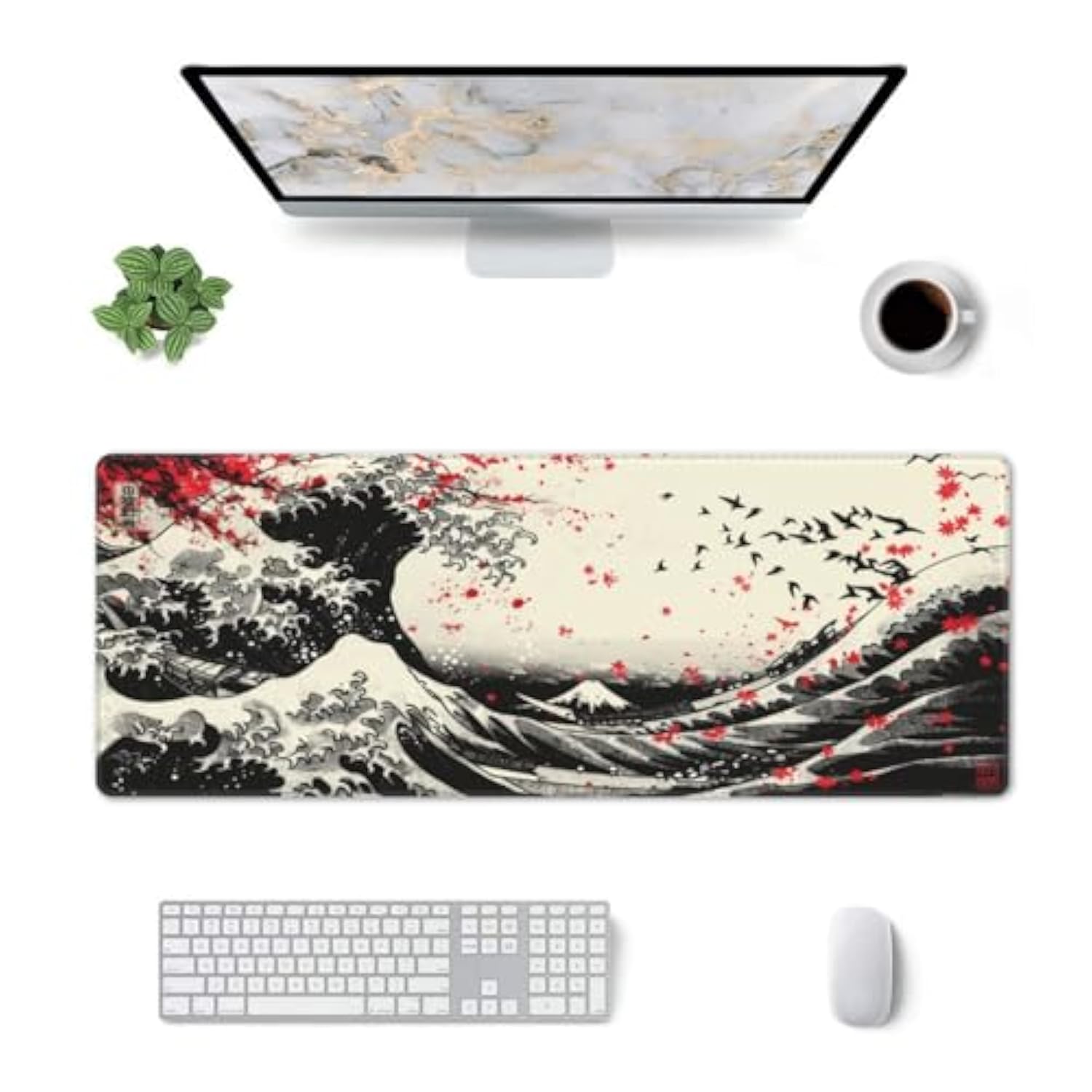 Gaming Mouse Pad Ukiyoe Japanese Art Blossom Cherry Non-Slip Rubber Base Extended Mousepad With Stitched Edges Keyboard Computer Laptop Mat For Gamer Desktop Office Home 31.5 X 11.8 In