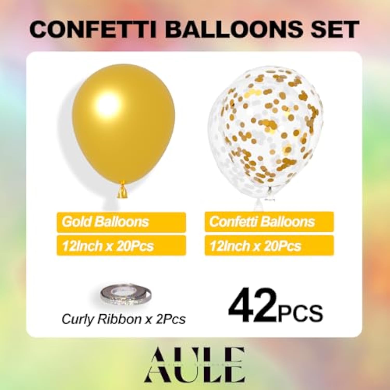 42pcs Gold Balloon Set - Metallic Gold & Confetti Balloons with 64ft Ribbon