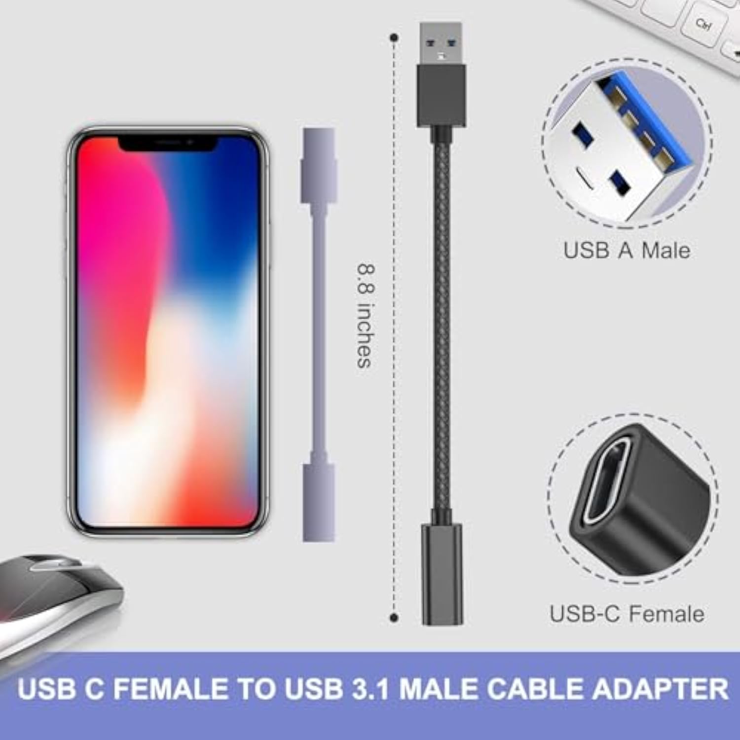 Usb C Female To Usb 3.0 Male Cable Adapter 3.3Ft 2Pack,5Gbps Gen 1 Type A Conn
