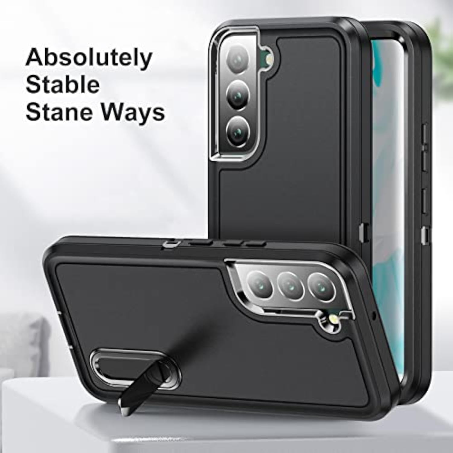 Samsung Galaxy S22 Plus 3-Layer Military Grade Protective Case Cover with Kickstand, Black and Black