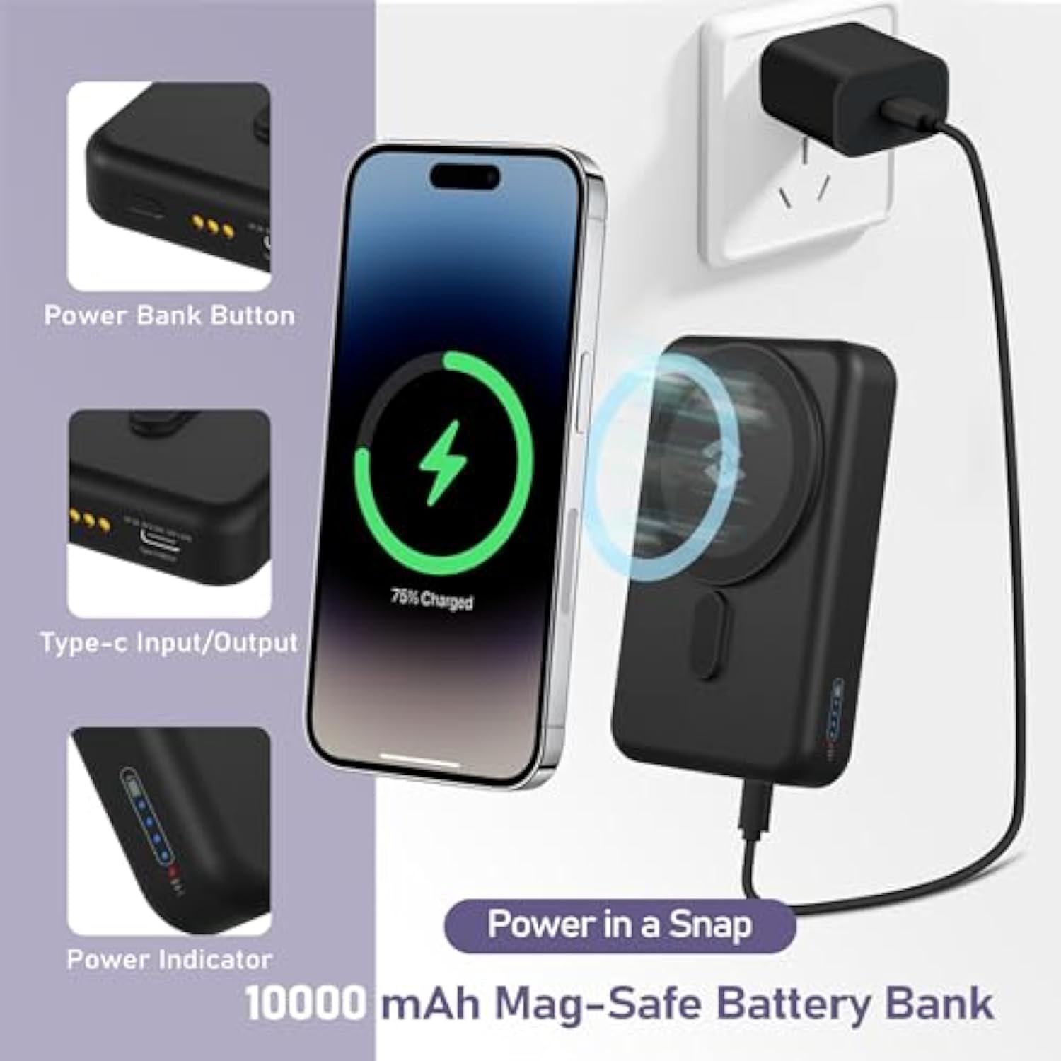 3 In 1 Wireless Charging Station: 10000Mah Removable Power Bank Charger Stand For Iphone/Apple Watch/Airpods - Portable Magnetic Battery Pack For 16 15 14 13 12 Series