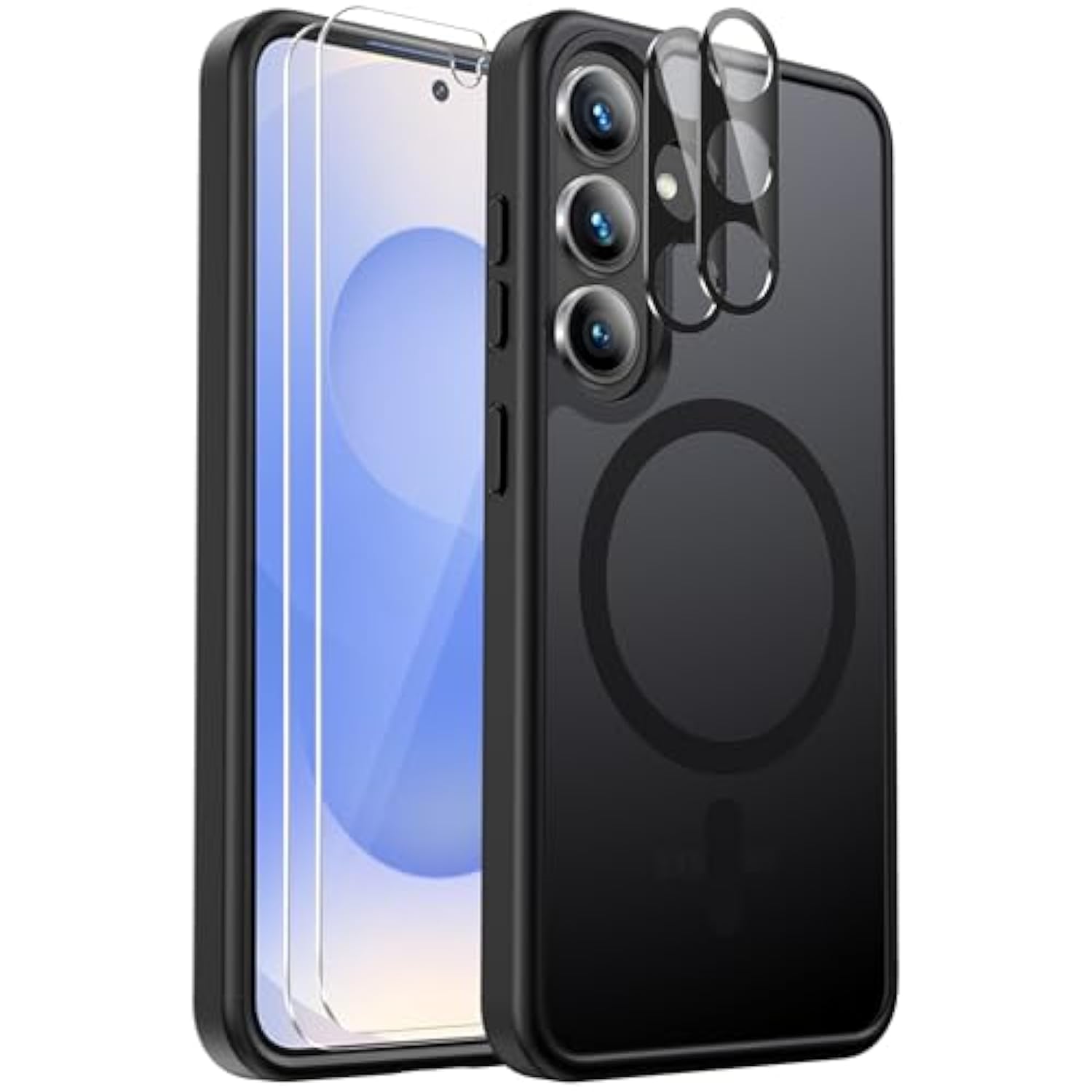For Samsung Galaxy S25 Case Magnetic Shockproof, [Fit For Magsafe] [Glass Screen Protector + Camera Lens Protector] Translucent Anti-Fingerprint Case For Samsung Galaxy S25 6.2" (Black)