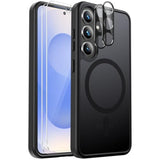 For Samsung Galaxy S25 Case Magnetic Shockproof, [Fit For Magsafe] [Glass Screen Protector + Camera Lens Protector] Translucent Anti-Fingerprint Case For Samsung Galaxy S25 6.2" (Black)