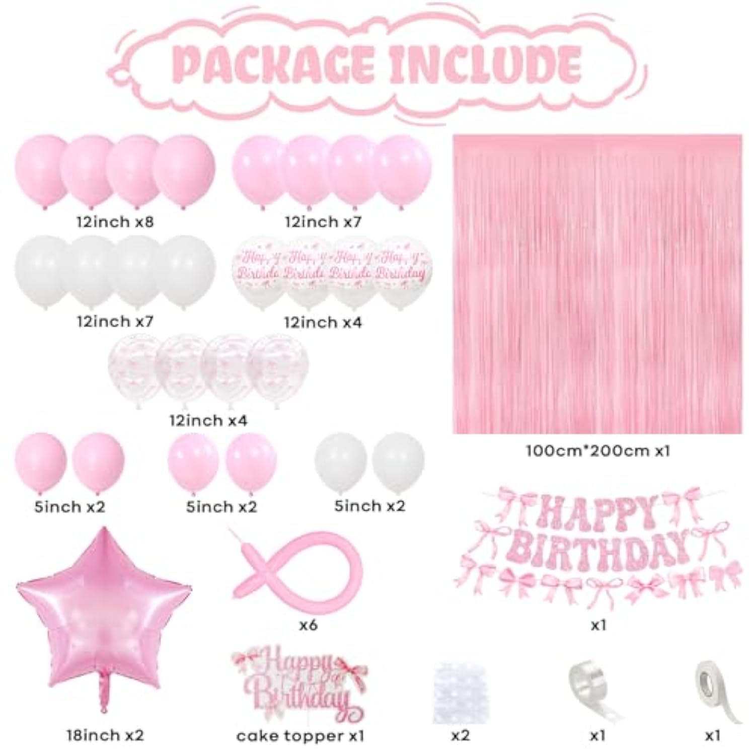 Pink Bow Birthday Decorations, Coquette Party Decoration For Girls Women Pastel Light Pink White Bow Latex Balloons Happy Birthday Banner Cake Topper For Baby Shower Bachelorette Party Decor Supplies