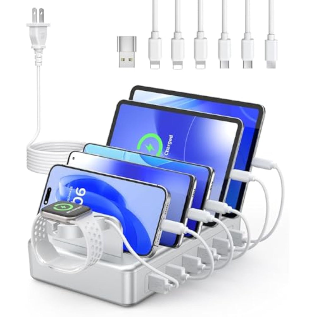 Charging Station For Multiple Devices Apple,50W 6 Port&6 Cables Charging Station For Apple Device With Apple Watch Holder,Charging Dock For Cellphone, Kindle, Tablet And Other Electronic (Sliver)