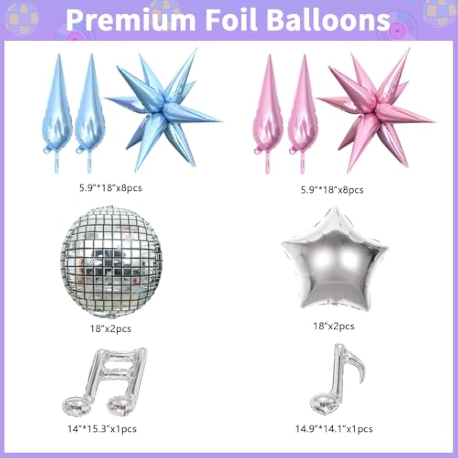 184Pcs Silver Blue Pink Purple Balloon Arch Kit with Banner and Disco Balloons