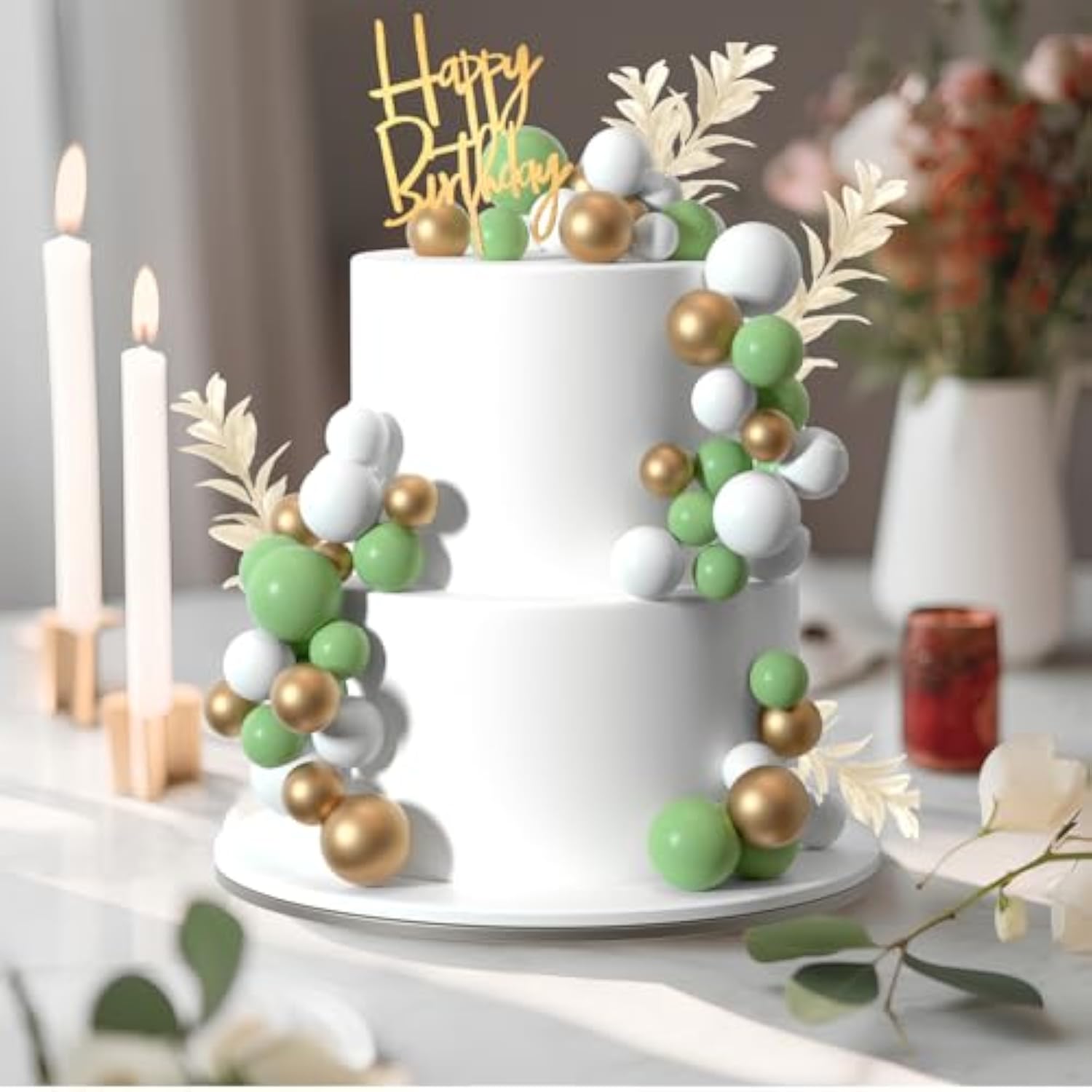 Boho Ball Cake Toppers Green, Gold, & White Grass Insert Decor for Parties