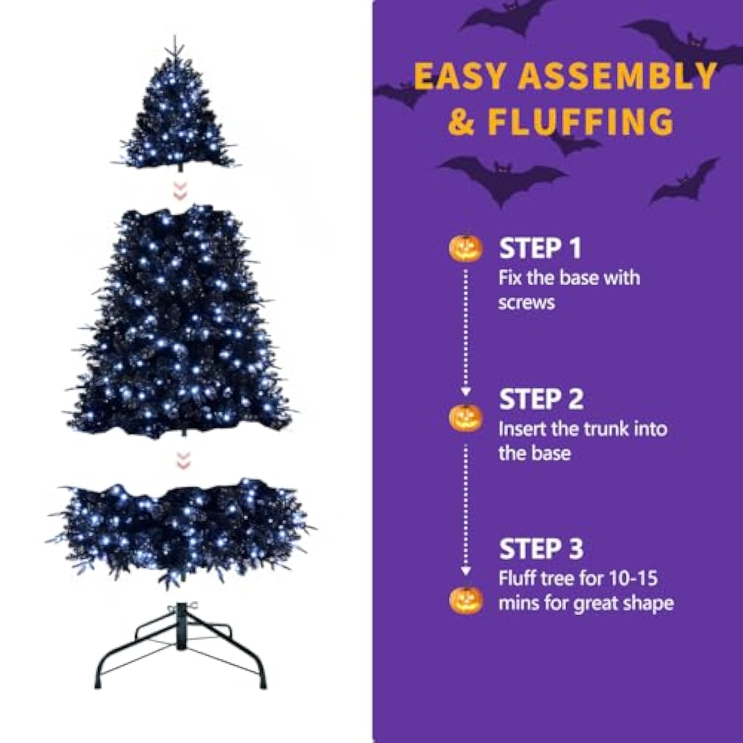 4Ft Prelit Black Christmas Tree With 150 Lights, Artificial Fake Christmas Tree With 666 Pe&Pvc Branch Tips, Halloween And Xmas Tree For Holiday Decorations, Metal Stand And Hinged Branches