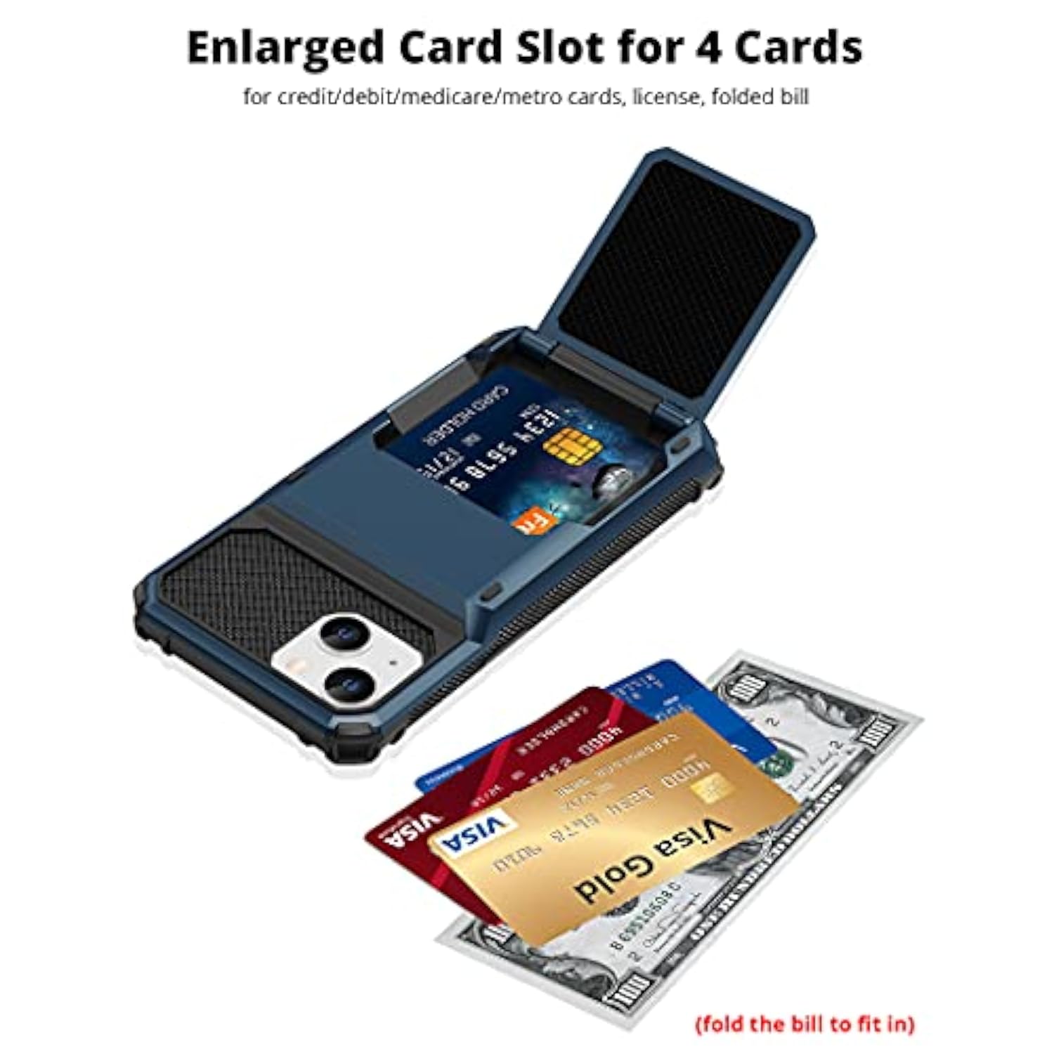 For Iphone 13 14 Case Wallet 4 Credit Card Holder Flip Cover Design Id Slot Back Pocket Dual Layer Armor Scratch Resistant Hard Shell Hybrid Protective Bumper For Iphone 13 14 6.1 Navy Blue