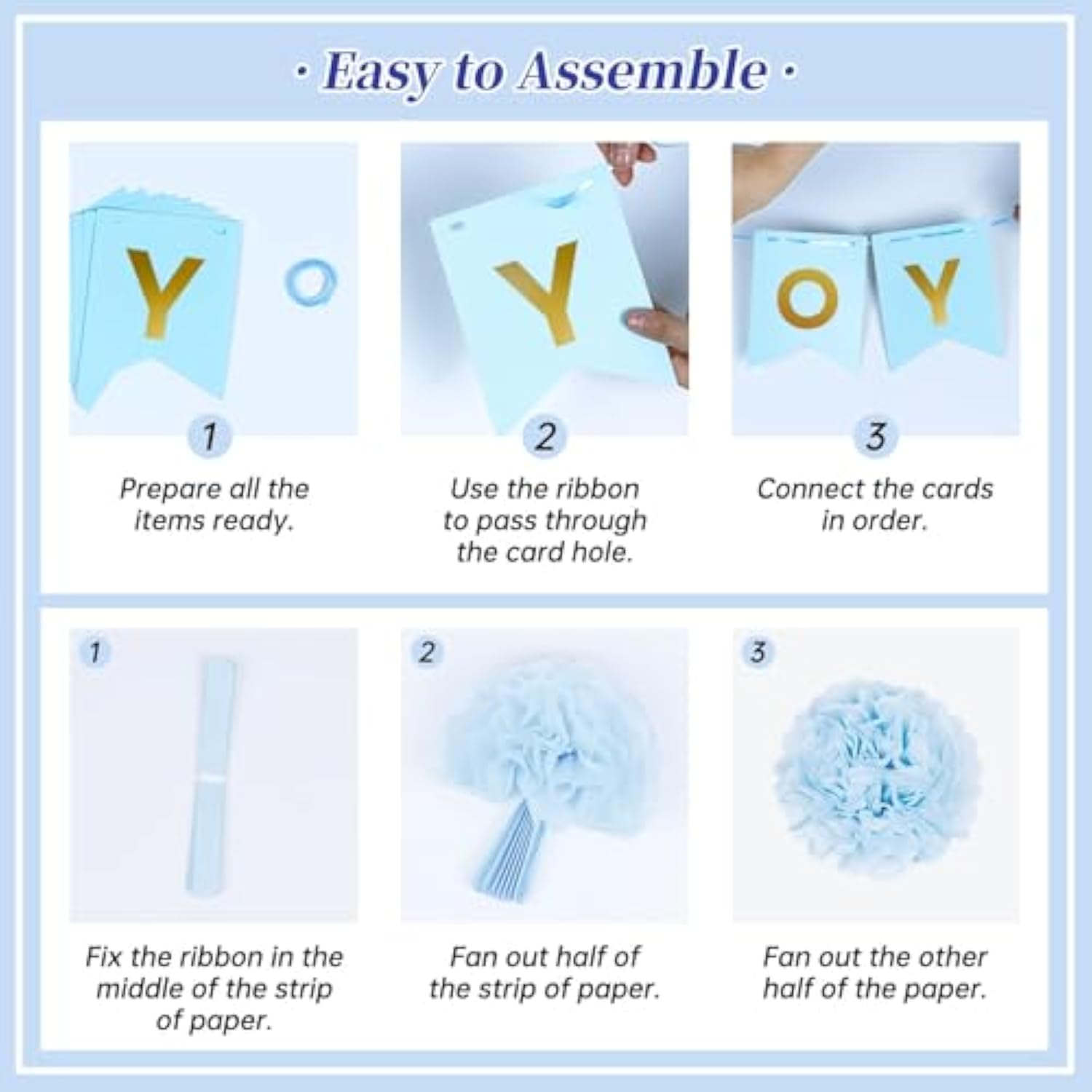 36pcs Blue Baby Decorations Grey Pom Poms, Silver & Blue Balloons, Banner