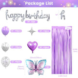 Purple Birthday Party Decorations For Girls Women, Lavender Purple And Sliver Butterfly Party Decor Set Including Happy Birthday Banner, Balloons Arch Kit ,Fringe Curtain Background
