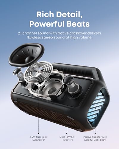 Soundcore Boom 2 By Anker, Outdoor Speaker, 80W, Subwoofer, BassUp 2.0, 24H Playtime, IPX7 Waterproof, Floatable, RGB Lights, USB-C, Custom EQ,