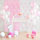 4 Pack Pink Bow Party Backdrop Decoration Pink Bow Foil Fringe Curtains For Girls Bow Birthday Baby Shower Decorations Bridal Shower Bachelorette Party Decor Supplies 3.2Ft X 8.2Ft