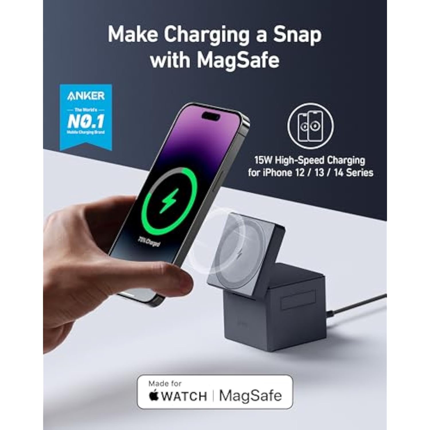 Anker MagSafe Charger Stand, iPhone 16 Wireless Charger, 3-in-1 Cube with MagSafe, 15W Foldable Fast Charging Stand, For iPhone 16/15/14/13, Apple Watch 1-8/Ultra, AirPods (30W USB-C Charger Included)