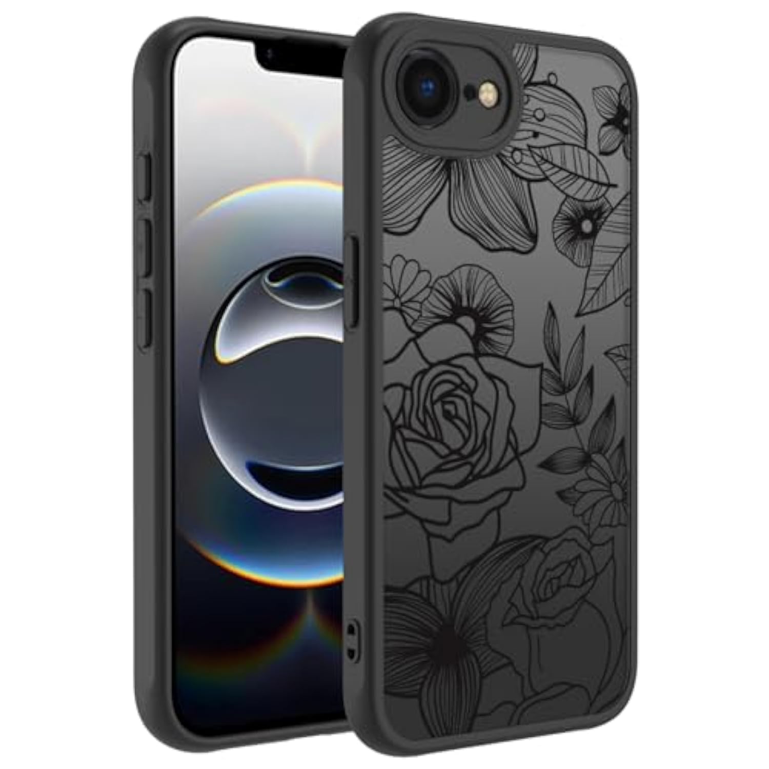 Cute Flower Phone Case Compatible With Iphone 16E, Rose Aesthetic Black Line Art Floral Pattern Print, Hard Pc Heavy Duty Protection Shockproof Cover For Girls Women