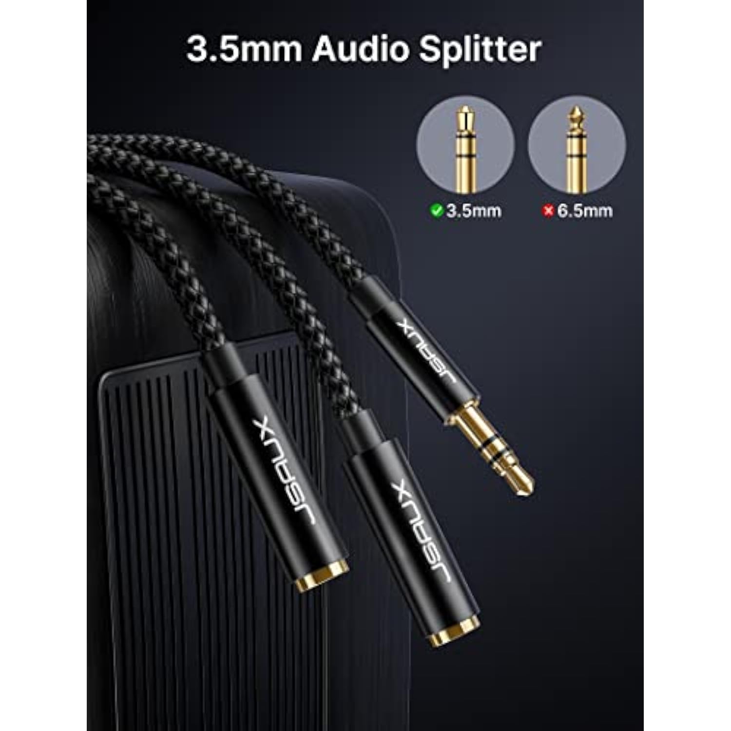 Headphone Splitter - 3.5Mm Male Trs To Dual 3.5Mm Female Adapter Nylon-Braided Stereo Y Aux Cable Splitter For Iphone, Samsung, Tablets, Laptop, Playstation And More [Black]