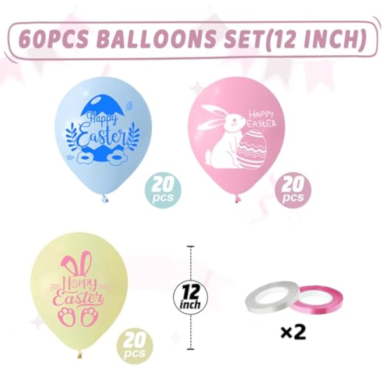 Happy Easter Balloons, 60Pcs 12 Inch Pastel Light Pink Blue Blue Cute Bunny Spring Easter Eggs Party Balloons For Kids Girl Boy Cute Egg Easter Spring Birthday Party Baby Shower Decorations