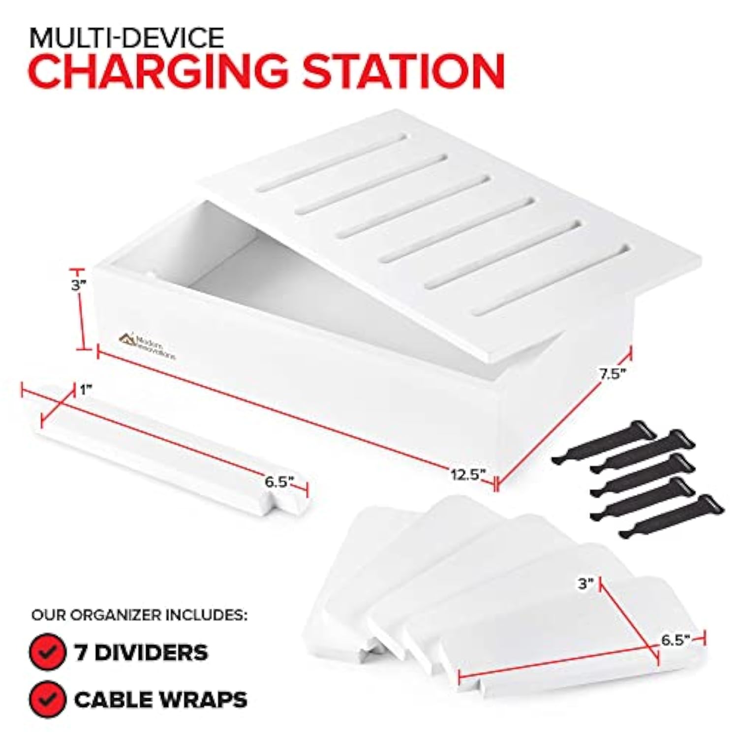 Bamboo Charging Station For Multiple Devices (White) Wood Device Organizer, Desk Docking Stand For Cell-Phone Charger, Compatible With Apple, Android, Ipad, Iphone, Tablet, Laptop