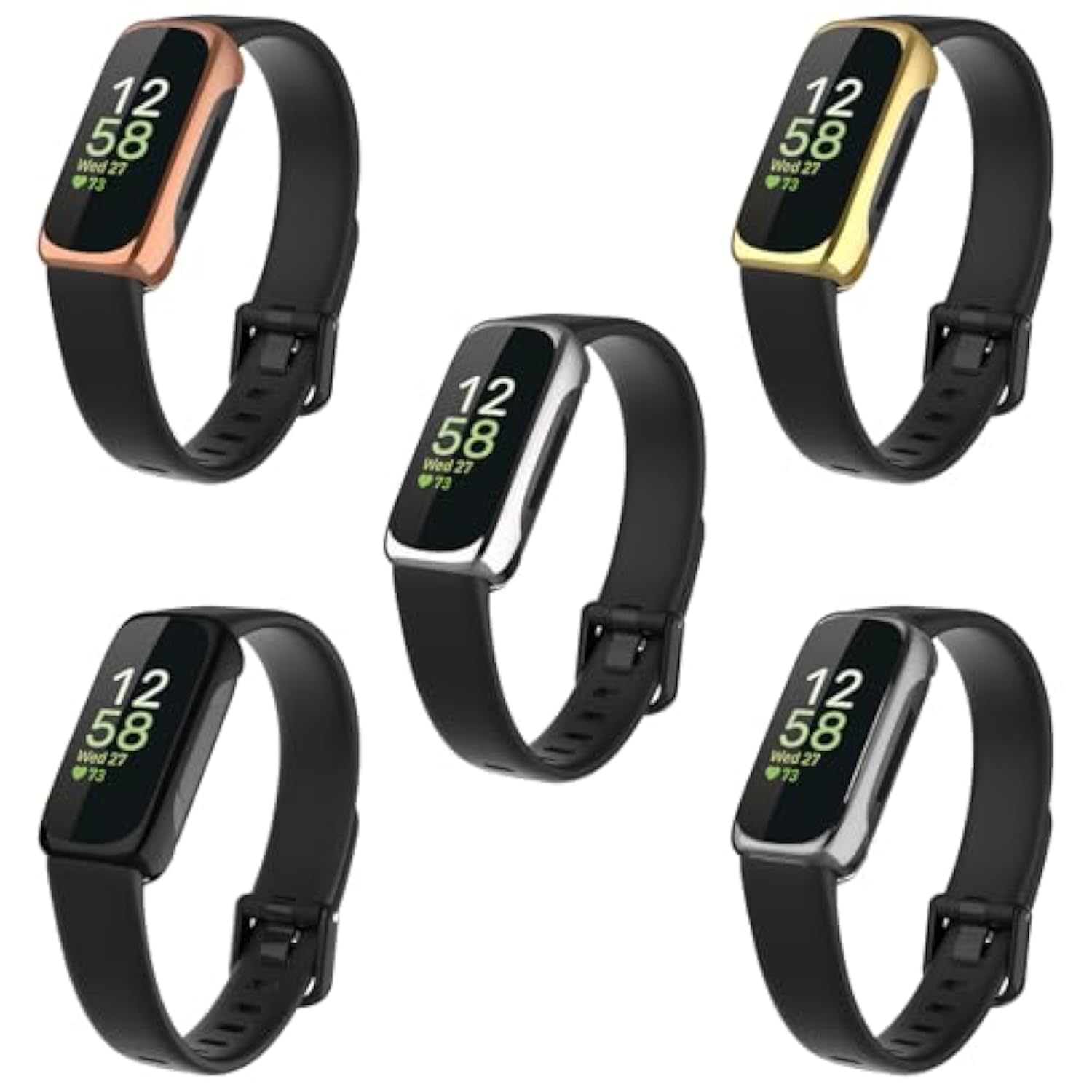 5-Pack Soft Screen Protector Case Compatible With Fitbit Inspire 3 Smartwatch, Full Protection Plated Bumper Case Covers, Clear/Silver/Black/Rose Gold/Gold