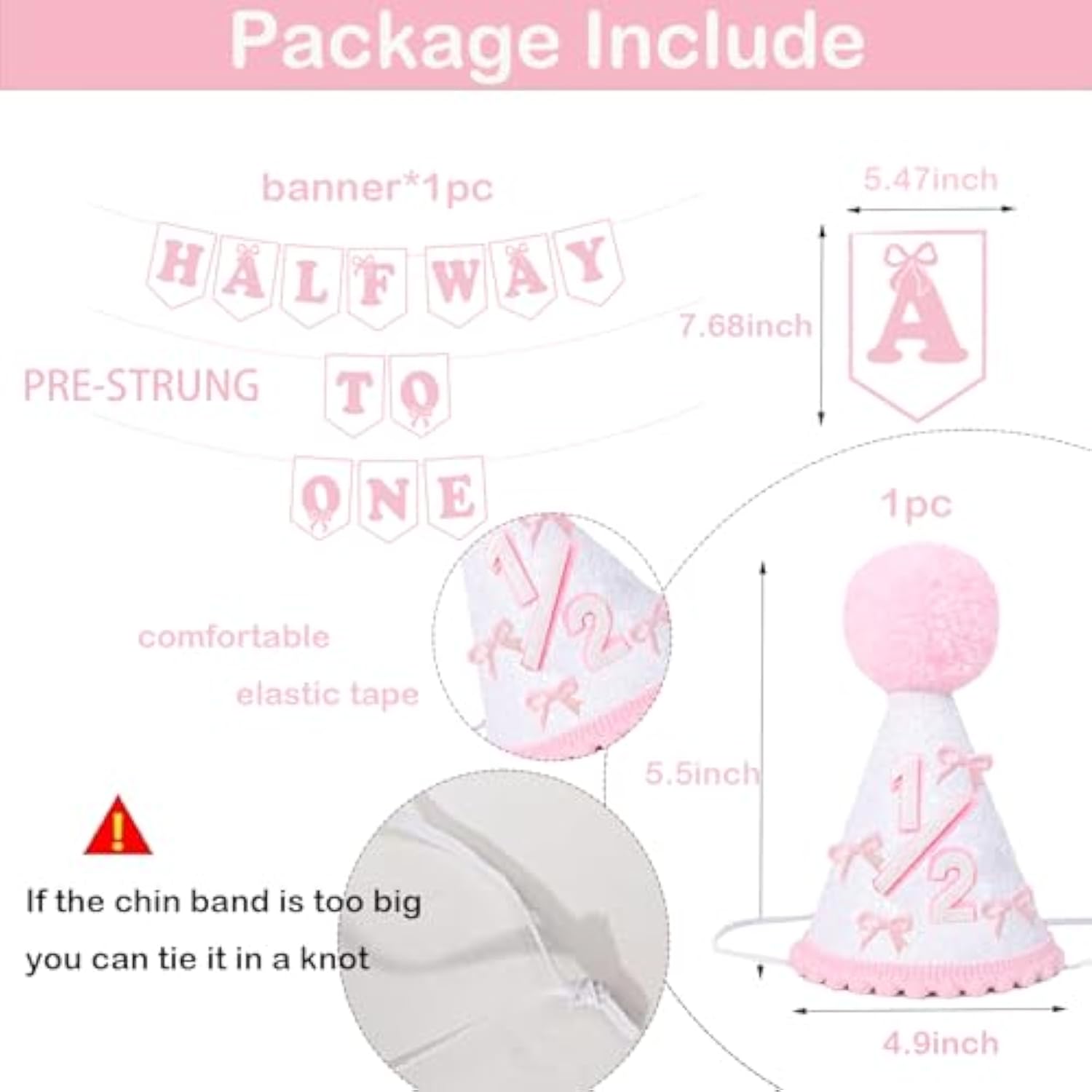 Pink Half Way To One Decorations For Baby Girl, Pink Bow 1/2 Birthday Hat And Pre-Strung Half Birthday Banner For 6 Month 1/2 Birth-Day Party Decorations, Baby Shower Party Photo Shoot