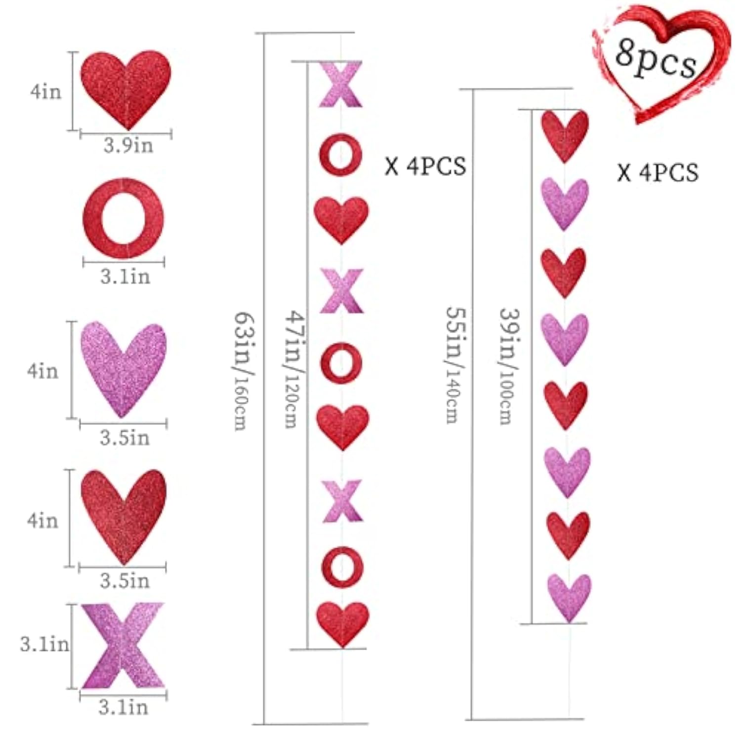 8 Pack Valentines Day Decor Heart & Xo Garland Banner In Red And Pink, Glitter Fabric/Paper, Perfect For Home, Mantel, Classroom, Party, Wedding