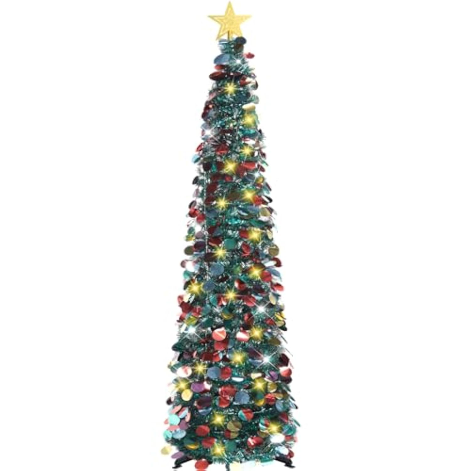 5 Ft Pop Up Christmas Tree With Timer Lights, Blue Christmas Tinsel Tree, Collapsible Artificial Pencil Christmas Tree For Indoor Home Apartment Porch Holiday Party Decorations