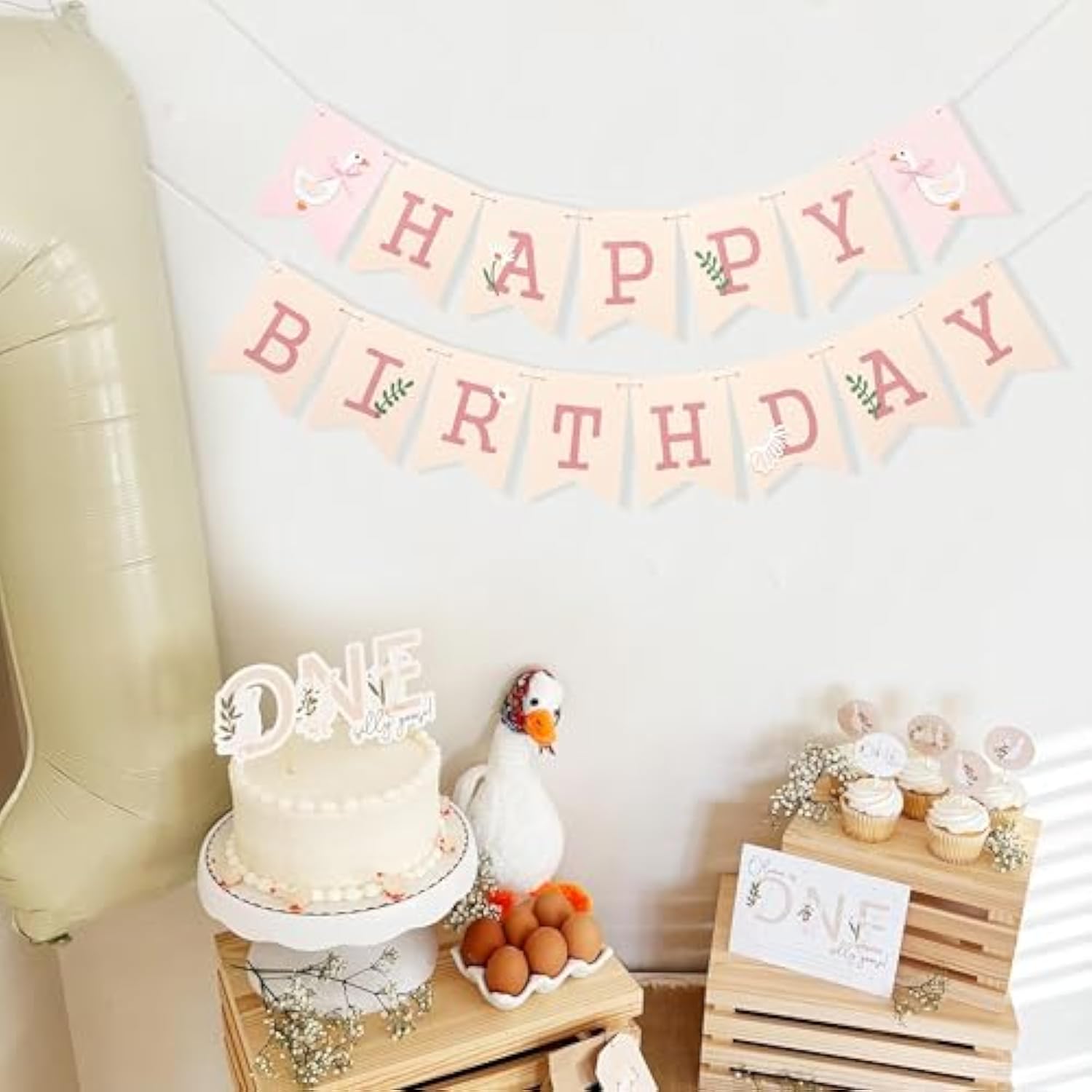 Goose Happy Birthday Banner - Sweet Pink Birthday Party Decorations,One Funny Goose Banner Photo Props,Daisy Leaf Lawn Party Garland,Happy Cake Smash Wall Hanging Decoration