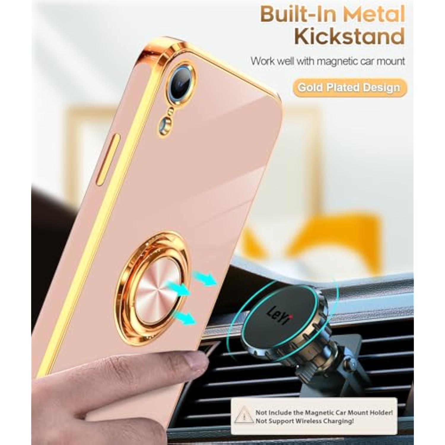 For Xr Case: With Tempered Glass Screen Protector [2 Pack] 360° Rotatable Ring Holder Magnetic Kickstand, Plating Rose Gold Edge For 10 Xr Case, Pink
