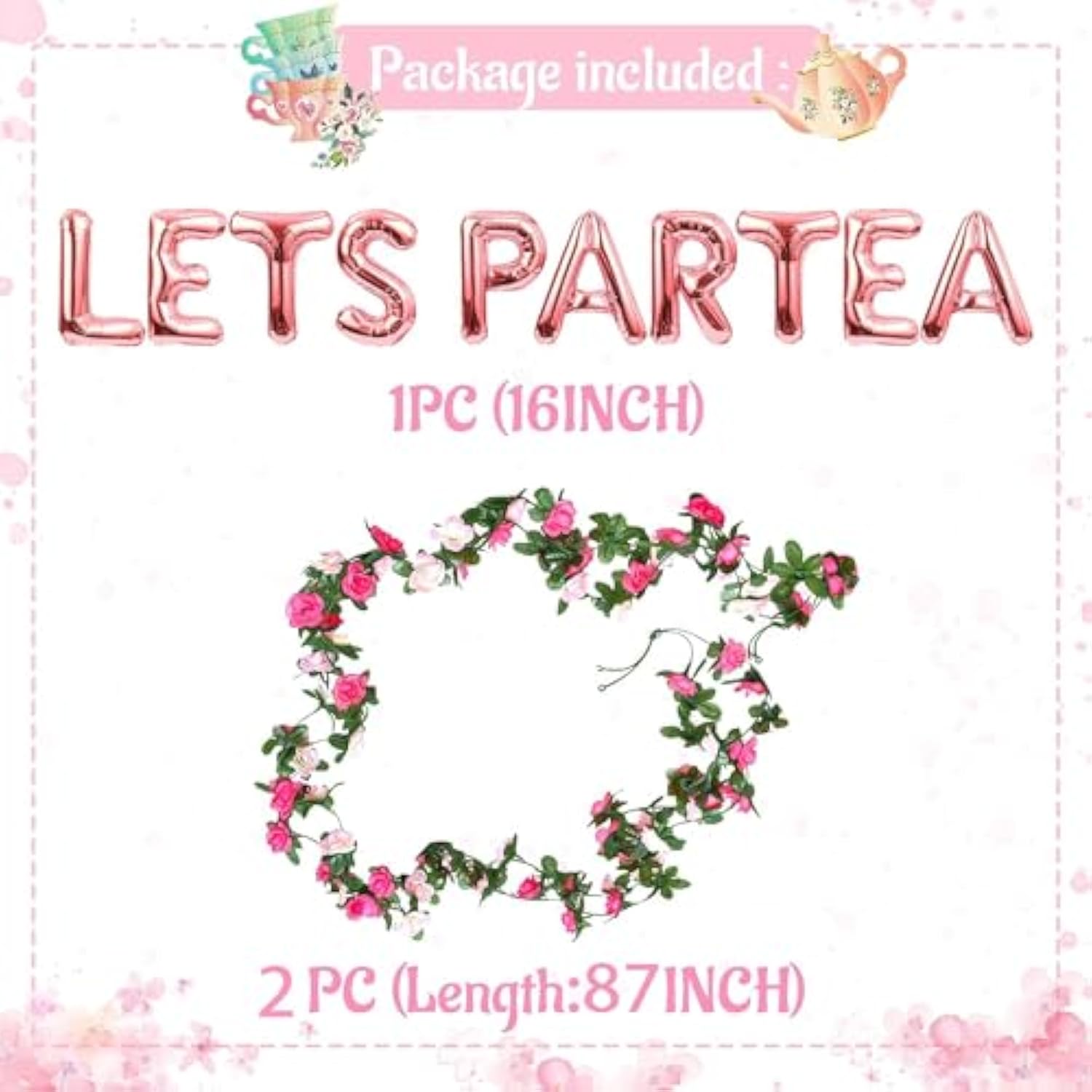 12 Pcs Let'S Par Tea Balloons Tea Party Birthday Banner Decorations Baby Shower First Birthday Decoration Flower Garland(180Inch)