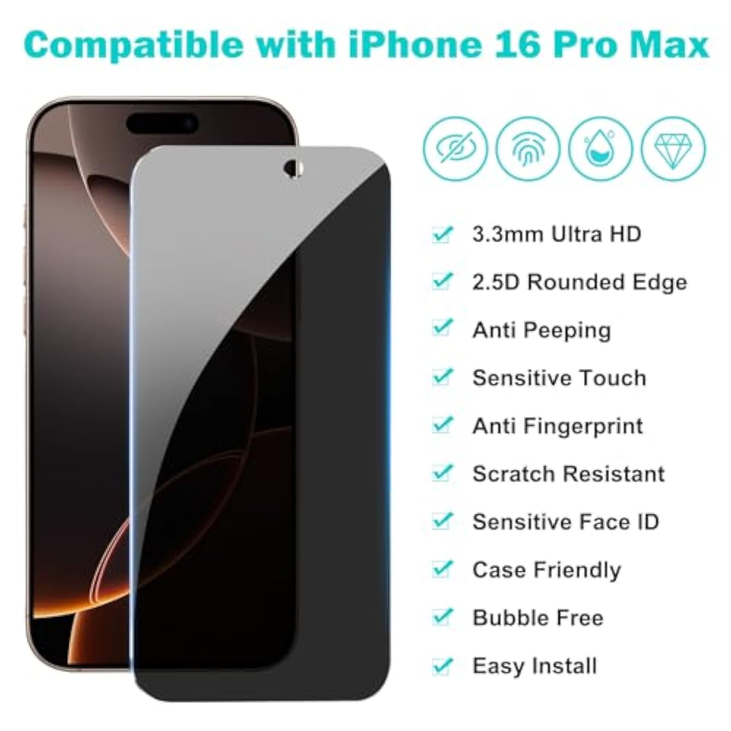 [3+3Pack] For Iphone 16 Pro Max Privacy Screen Protector With Camera Lens Protector Full Coverage Anti-Spy Tempered Glass Film 9H Hardness Upgrade Edge Protection Easy Installation Bubble Free [6.9 Inch]