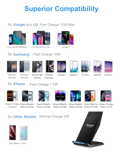 Fast Wireless Charger, Wireless Charging Stand Compatible iPhone 17/17 Air/16/15/15 Pro/15 Plus/15 Pro Max/14/13, Nightstand Phone Charger Dock for