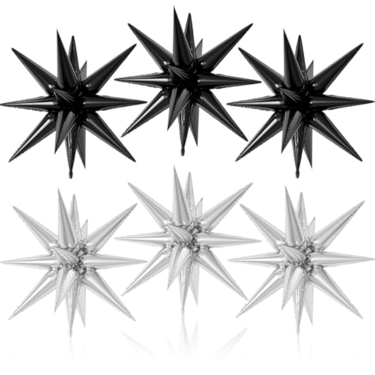 6pc Black & Silver Explosion Star Balloons 22" 12-Point Cone Spike Foils