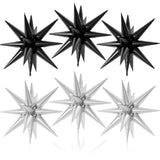 6pc Black & Silver Explosion Star Balloons 22" 12-Point Cone Spike Foils