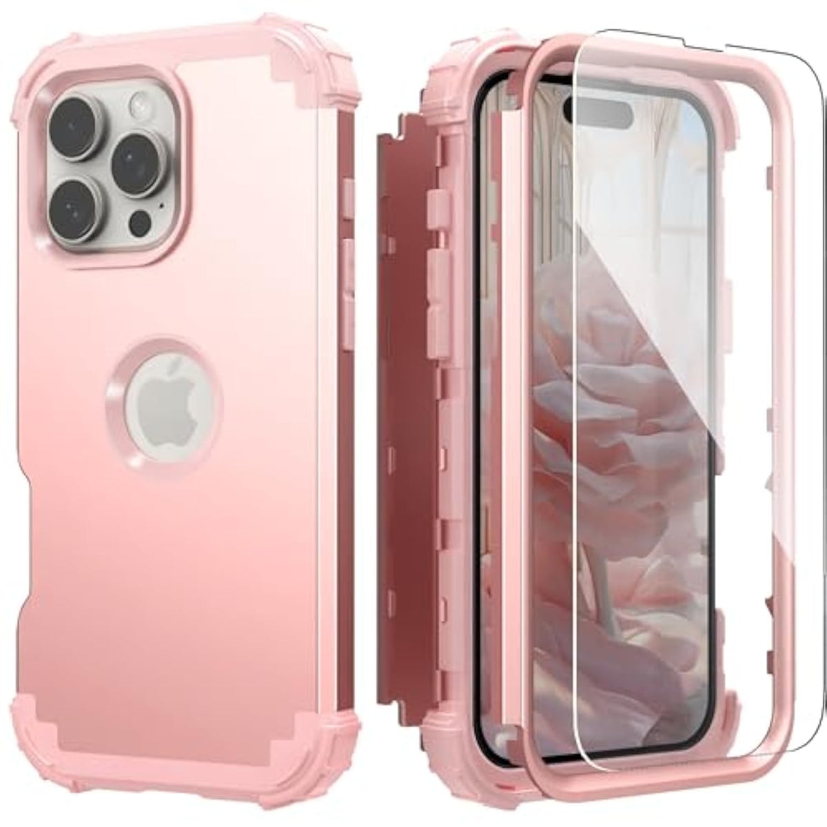 For Iphone 16 Pro Max Case With Screen Protector For Women, 3 In 1 Shockproof Slim Fit Hybrid Heavy Duty Hard Pc Cover Soft Silicone Bumper Full Body Anti-Fingerprint Case, Rose Gold